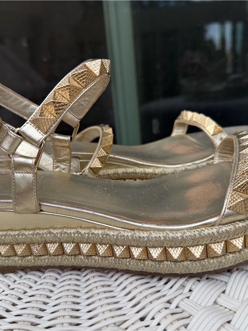 Christian Louboutin Gold Pyramid-Stud Platform Espadrille Sandals